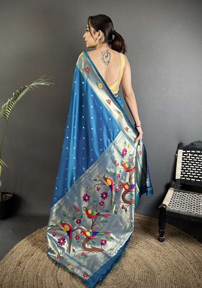 Teal Blue Floral Print Silk Blend Saree Set - Indya