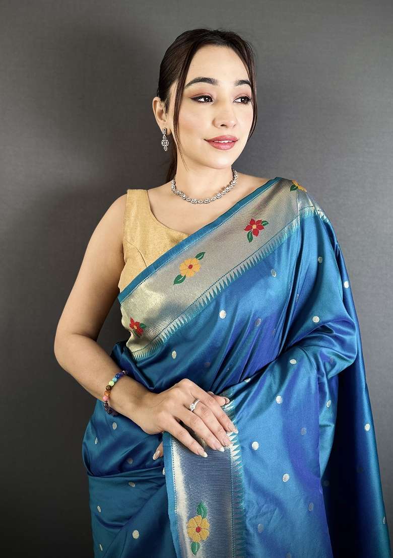 Teal Blue Floral Print Silk Blend Saree Set - Indya