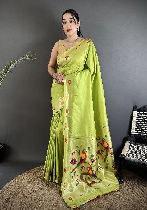 Lime Green Floral Print Silk Saree Set