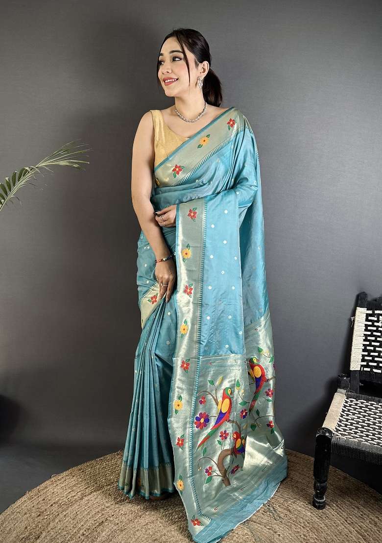 Light Blue Floral Print Silk Blend Saree Set - Indya