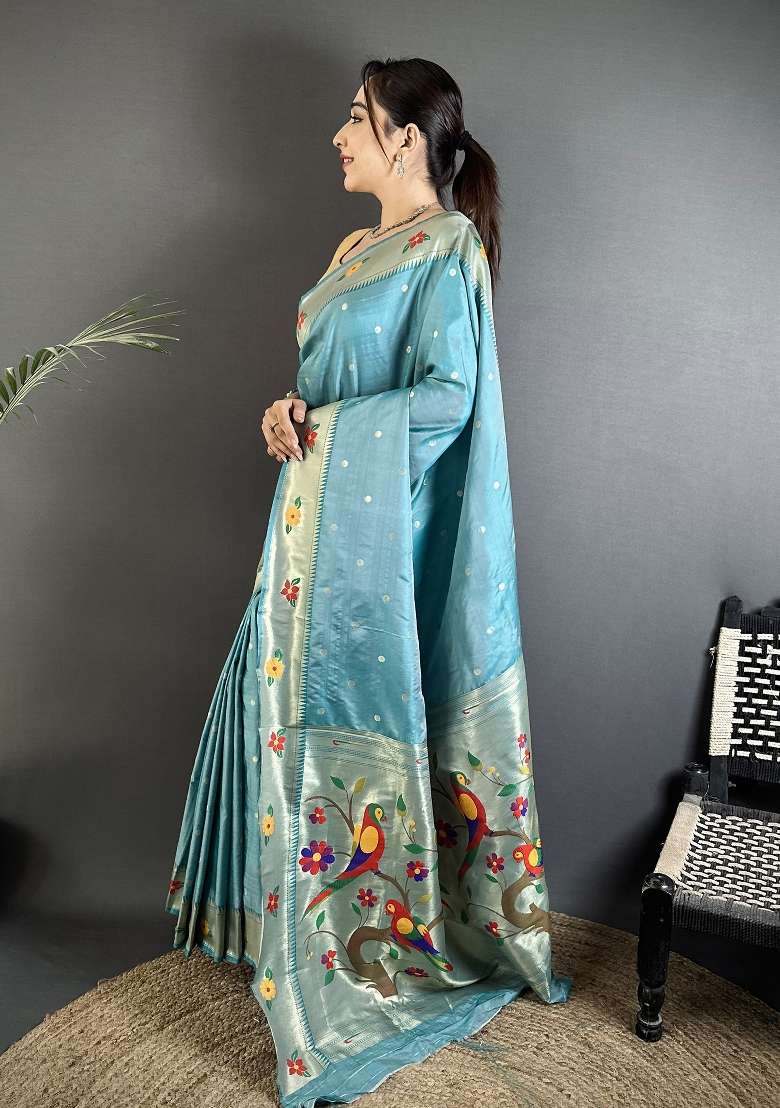 Light Blue Floral Print Silk Blend Saree Set - Indya