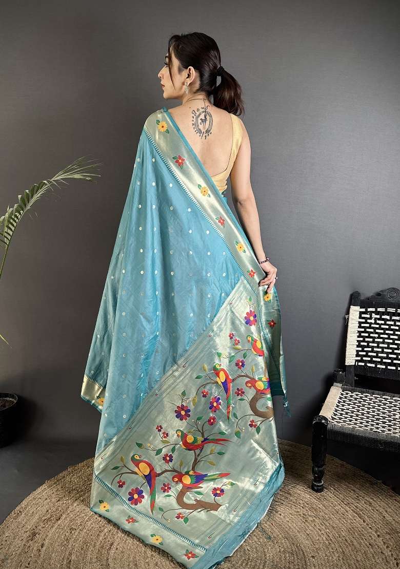 Light Blue Floral Print Silk Blend Saree Set - Indya
