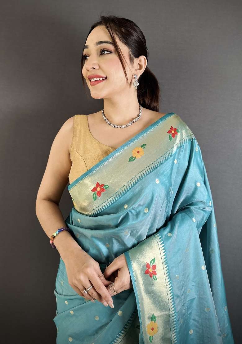 Light Blue Floral Print Silk Blend Saree Set - Indya