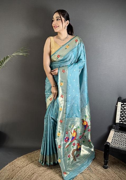Light Blue Floral Print Silk Saree Set