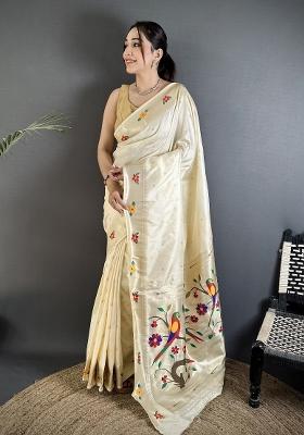 Off-White Floral Print Silk Blend Saree Set