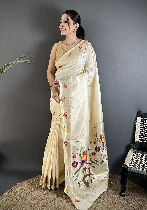 Off-White Floral Print Silk Saree Set — view on Indya