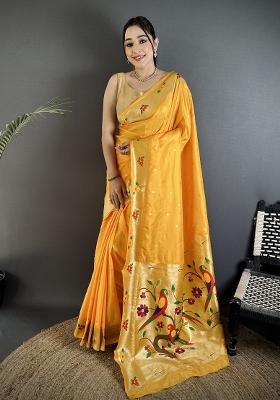 Yellow Floral Print Silk Blend Saree Set