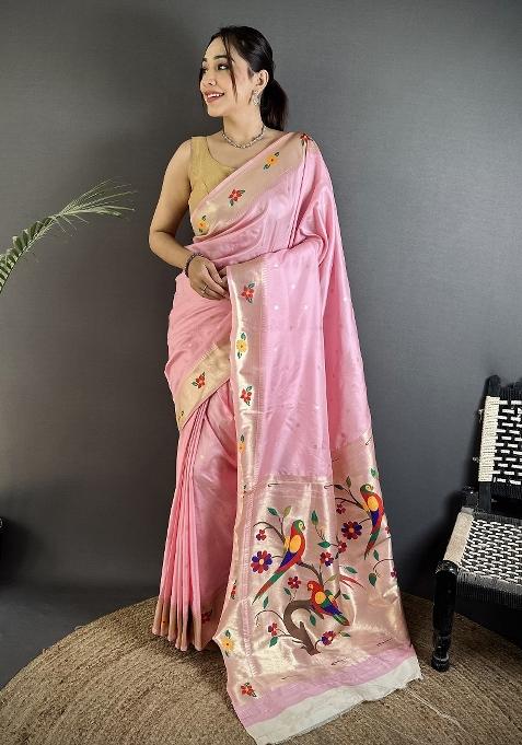 Light Pink Floral Print Silk Saree Set