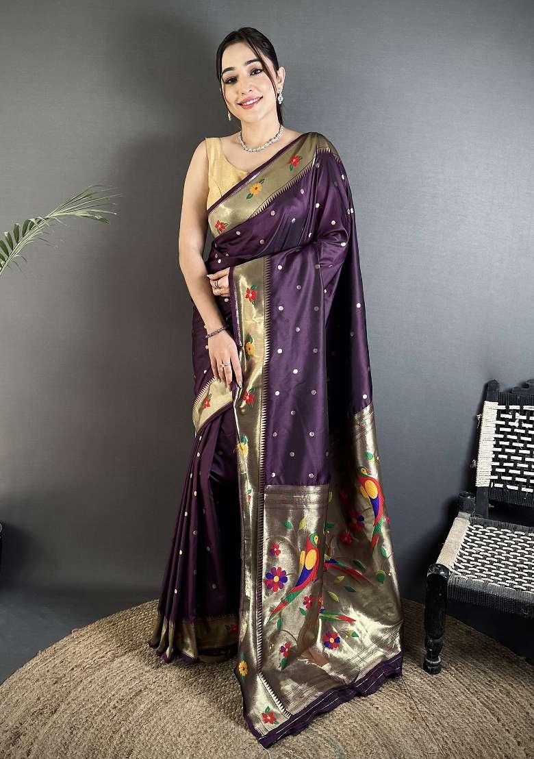 Wine Floral Print Silk Blend Saree Set - Indya