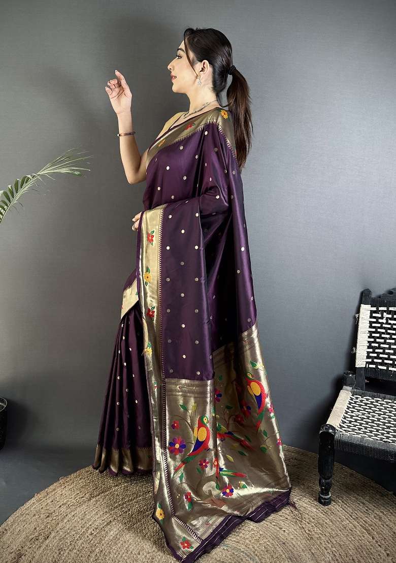 Wine Floral Print Silk Blend Saree Set - Indya