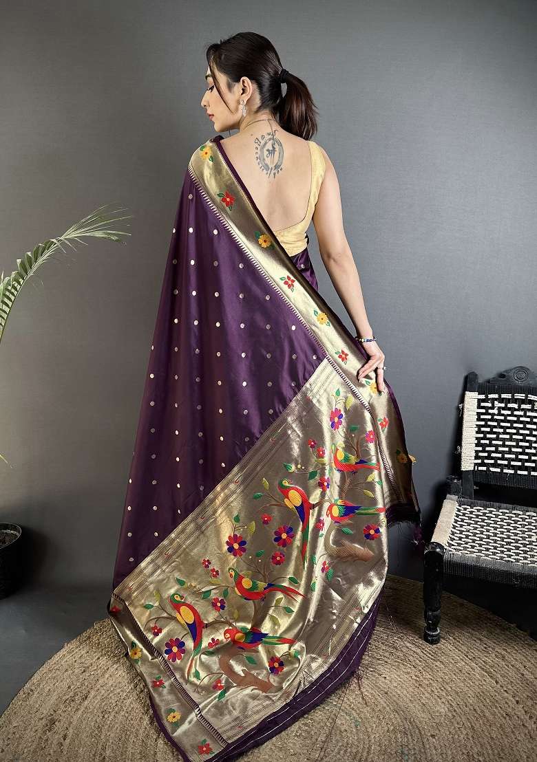 Wine Floral Print Silk Blend Saree Set - Indya