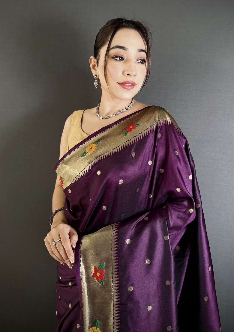Wine Floral Print Silk Blend Saree Set - Indya
