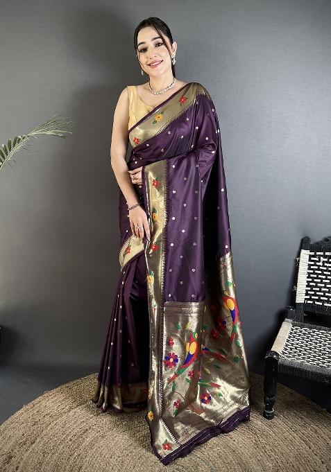 Wine Floral Print Silk Saree Set — view on Indya