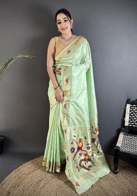 Mint Green Floral Print Silk Saree Set — view on Indya