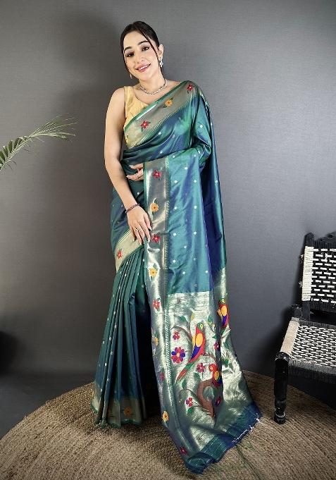 Teal Floral Print Silk Saree Set — view on Indya