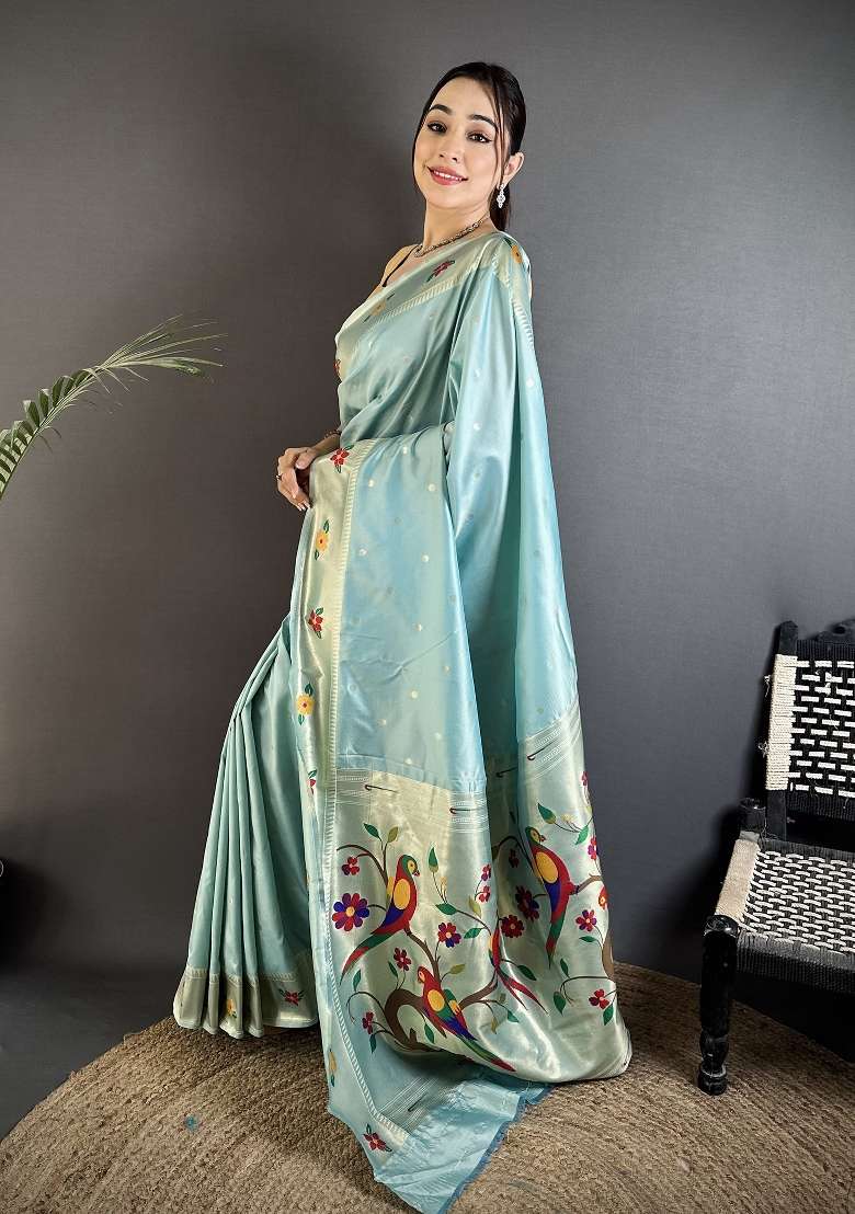 Sky Blue Floral Print Silk Blend Saree Set - Indya