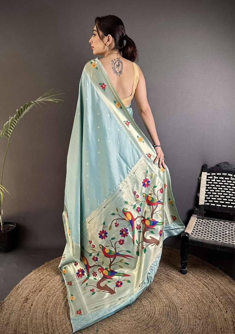 Sky Blue Floral Print Silk Blend Saree Set - Indya
