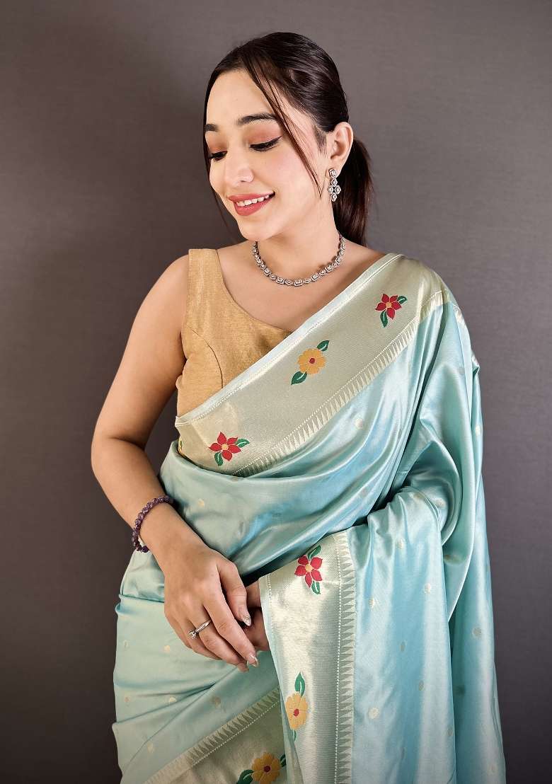 Sky Blue Floral Print Silk Blend Saree Set - Indya