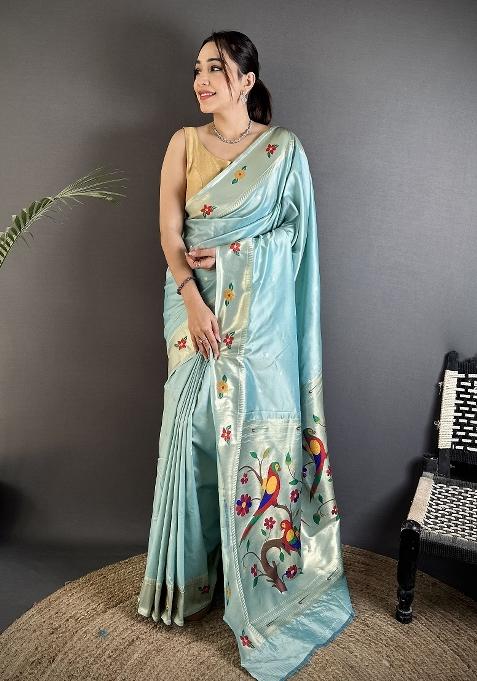 Sky Blue Floral Print Silk Blend Saree Set