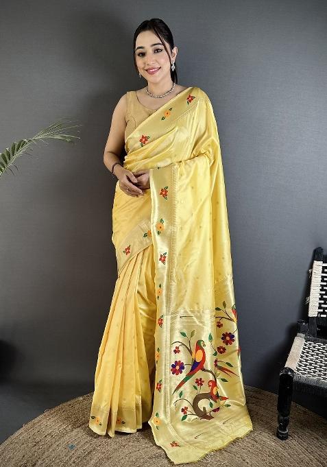 Light Yellow Floral Print Silk Saree Set