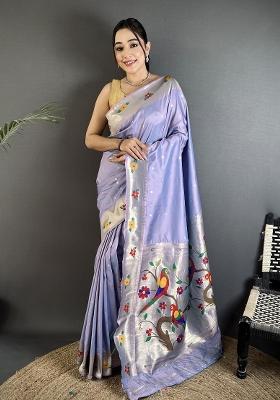 Lavender Floral Print Silk Blend Saree Set