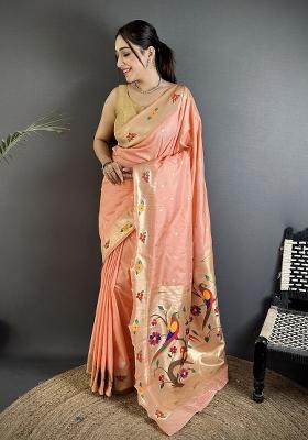 Peach Floral Print Silk Blend Saree Set