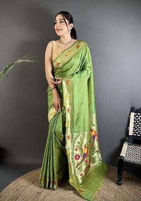 Green Floral Print Silk Blend Saree Set