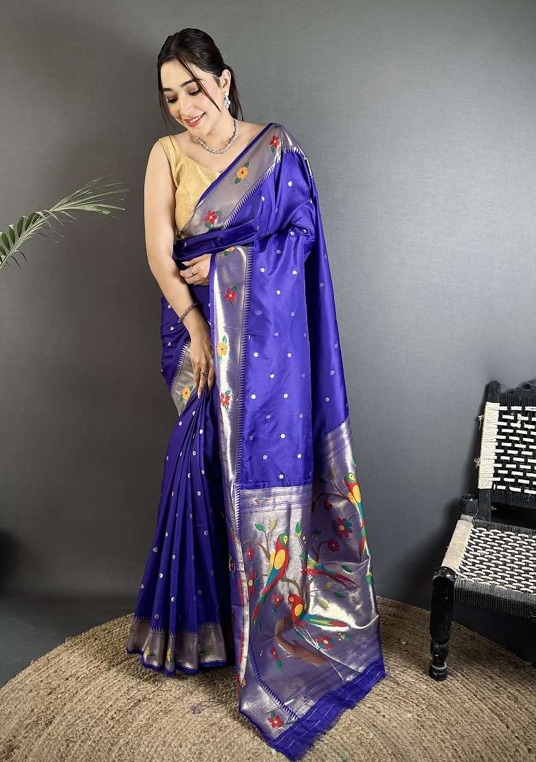 Royal Blue Floral Print Silk Blend Saree Set - Indya