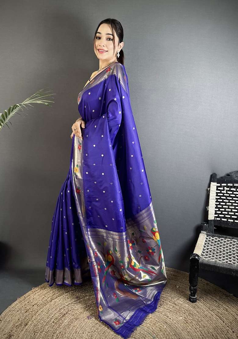 Royal Blue Floral Print Silk Blend Saree Set - Indya