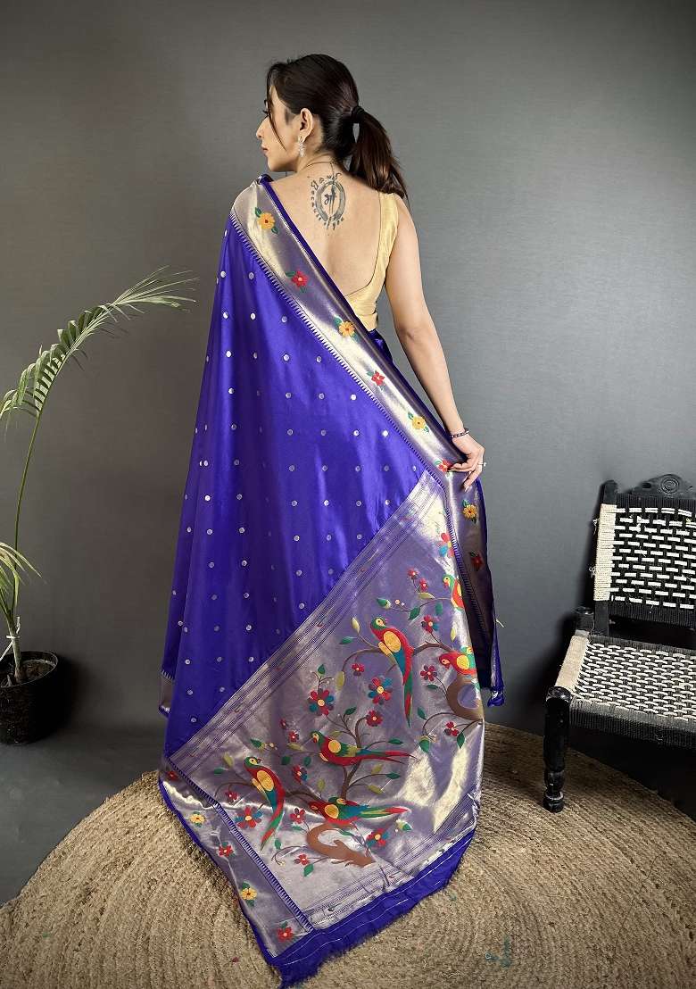 Royal Blue Floral Print Silk Blend Saree Set - Indya