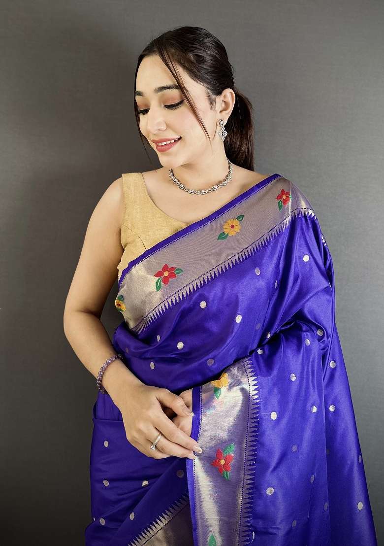 Royal Blue Floral Print Silk Blend Saree Set - Indya