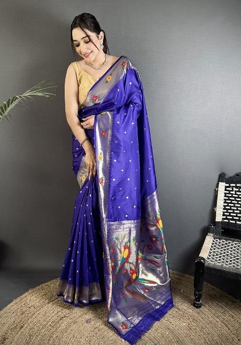 Royal Blue Floral Print Silk Blend Saree Set