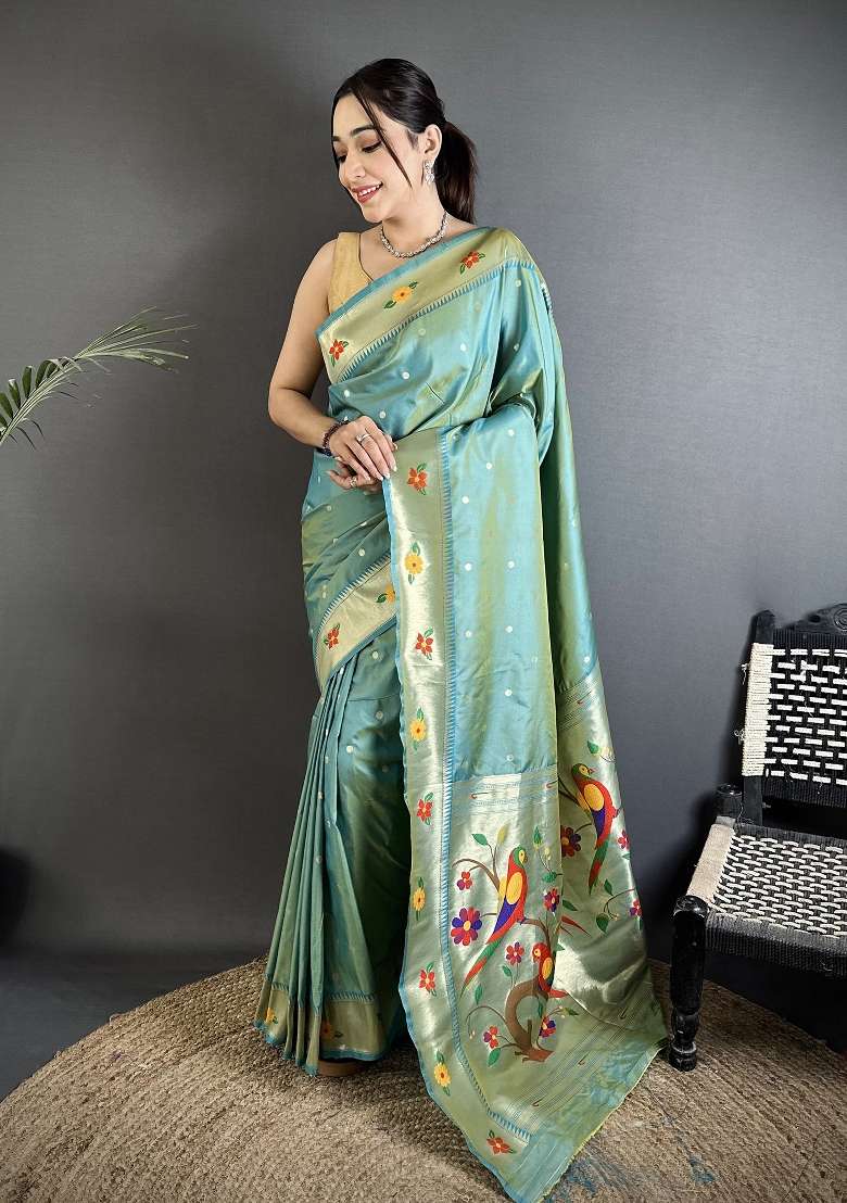 Aqua Blue Floral Print Silk Blend Saree Set - Indya