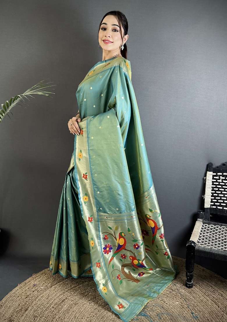 Aqua Blue Floral Print Silk Blend Saree Set - Indya
