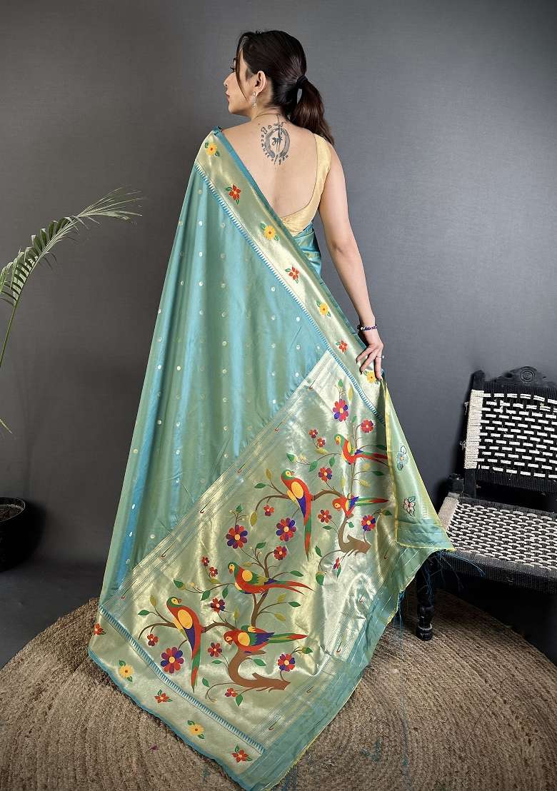 Aqua Blue Floral Print Silk Blend Saree Set - Indya