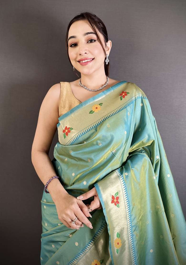 Aqua Blue Floral Print Silk Blend Saree Set - Indya