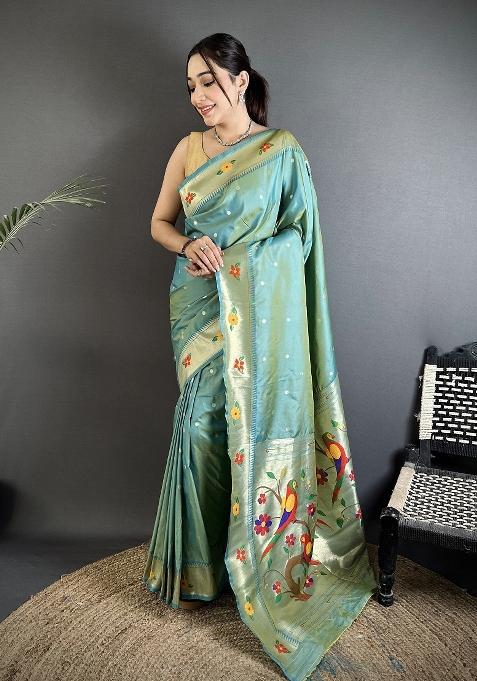 Aqua Blue Floral Print Silk Blend Saree Set