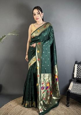 Dark Green Floral Print Silk Saree Set