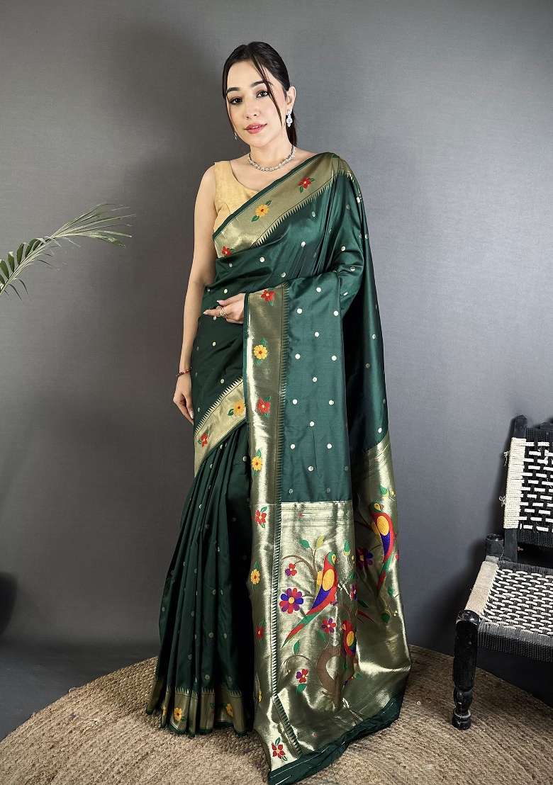 Dark Green Floral Print Silk Blend Saree Set - Indya