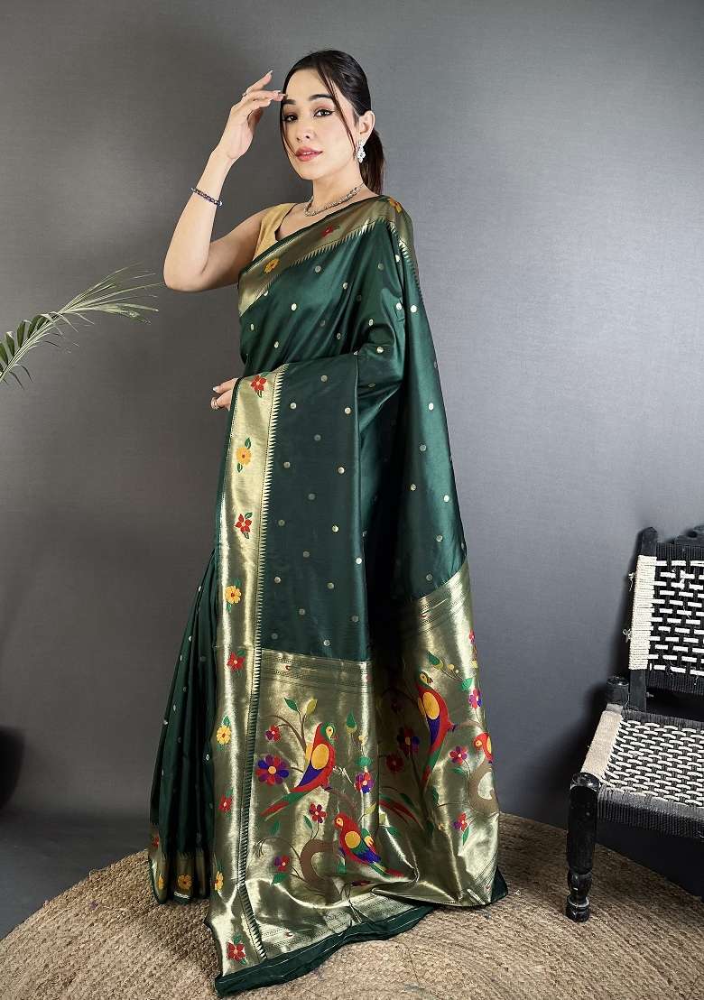 Dark Green Floral Print Silk Blend Saree Set - Indya