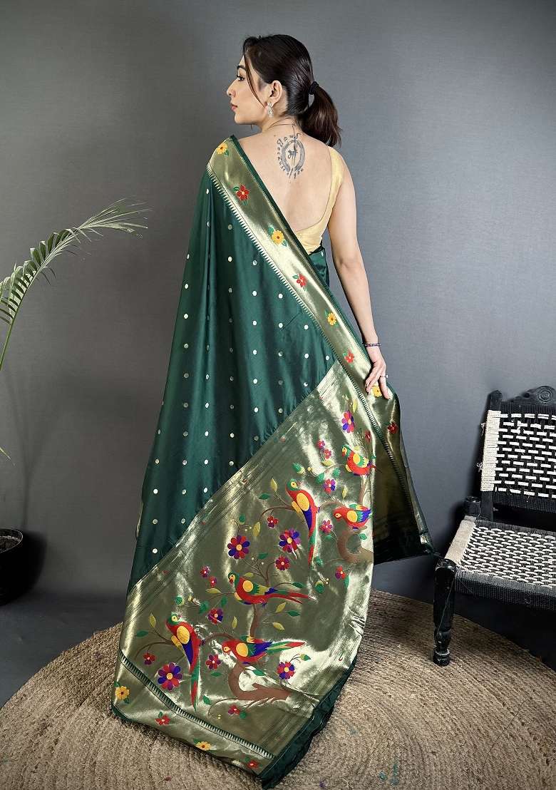 Dark Green Floral Print Silk Blend Saree Set - Indya