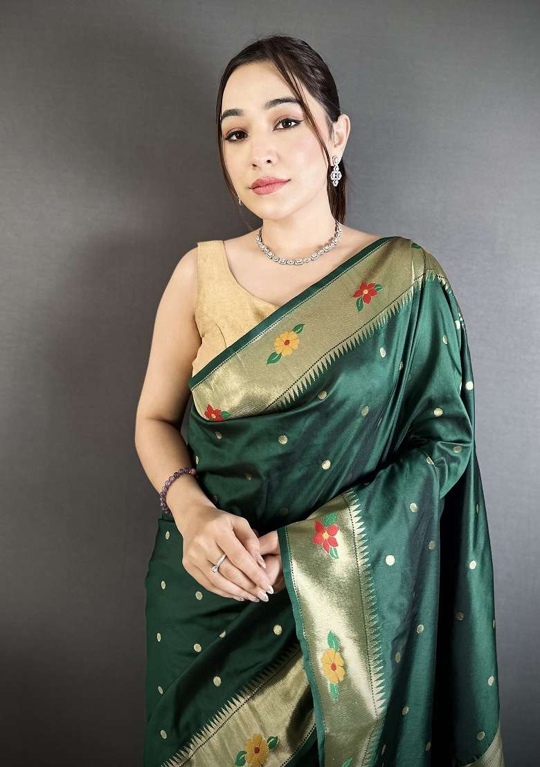 Dark Green Floral Print Silk Blend Saree Set - Indya