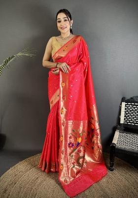 Rani Pink Floral Print Silk Blend Saree Set
