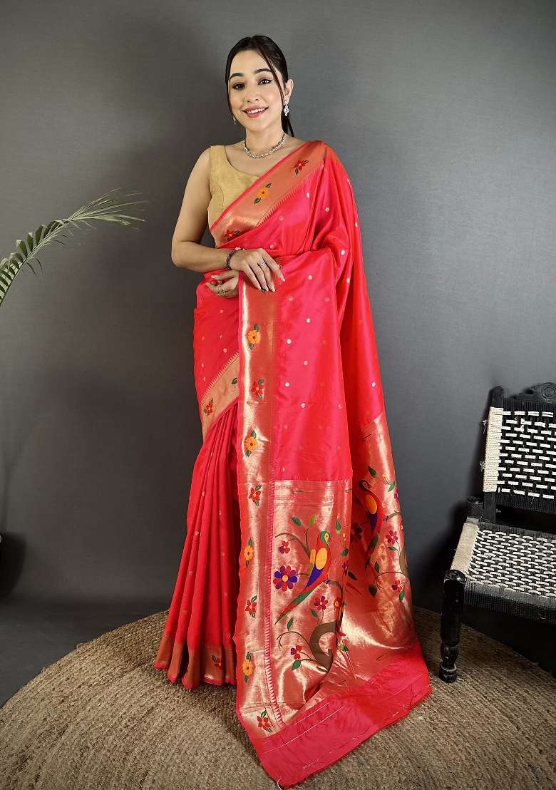 Rani Pink Floral Print Silk Blend Saree Set - Indya