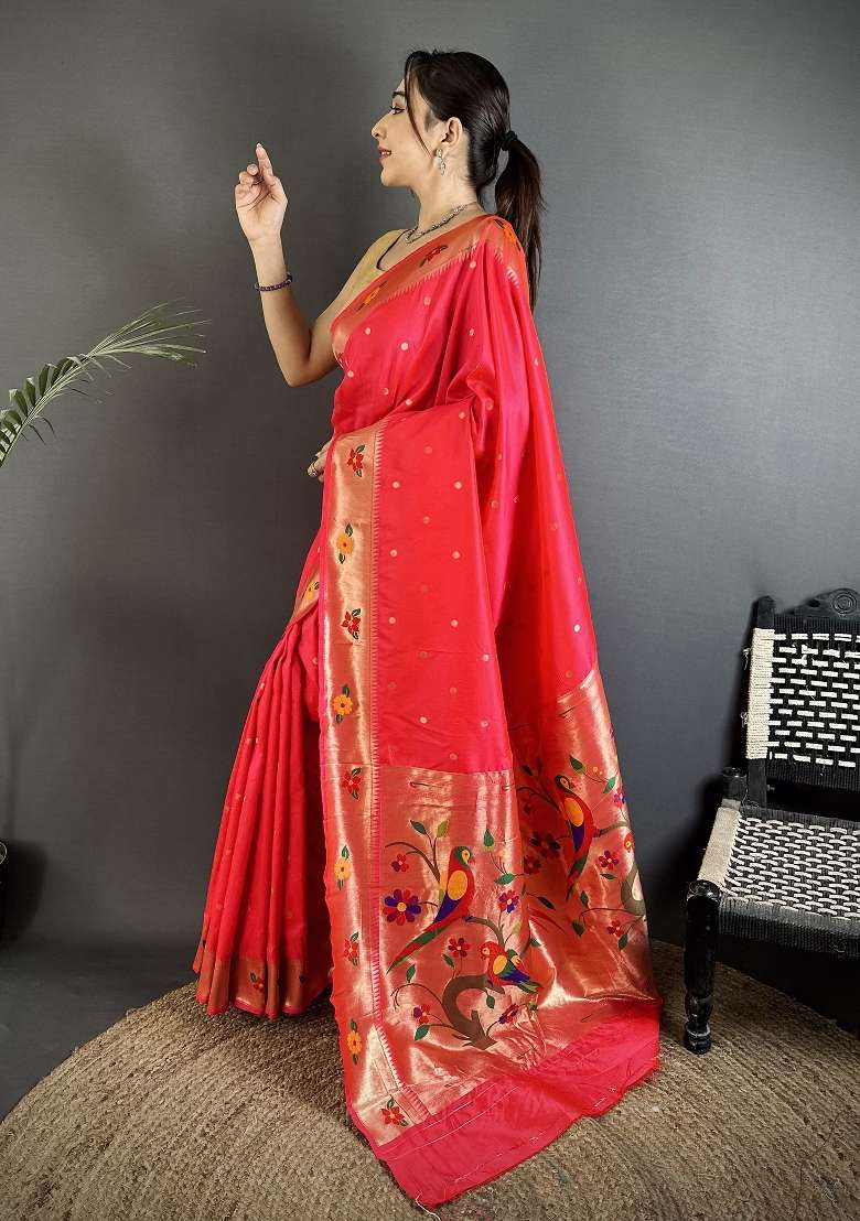 Rani Pink Floral Print Silk Blend Saree Set - Indya