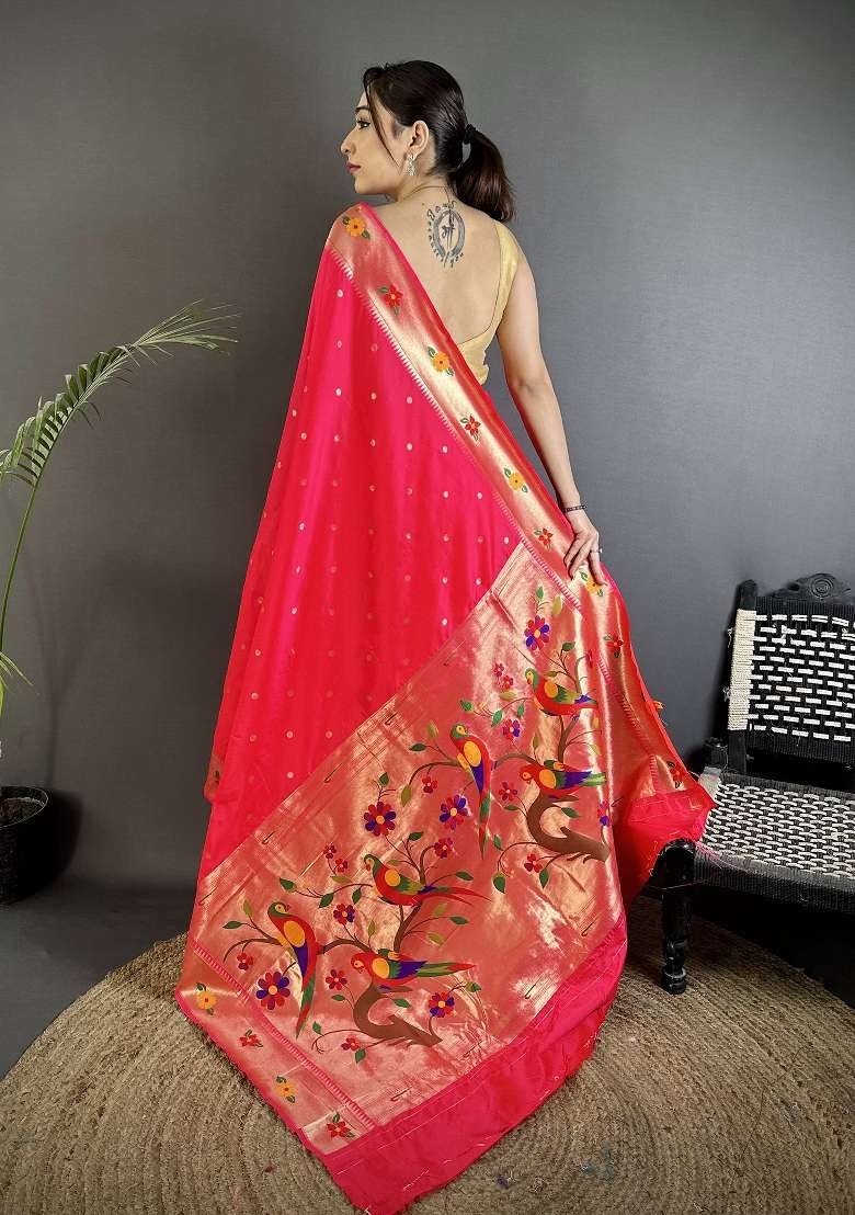 Rani Pink Floral Print Silk Blend Saree Set - Indya