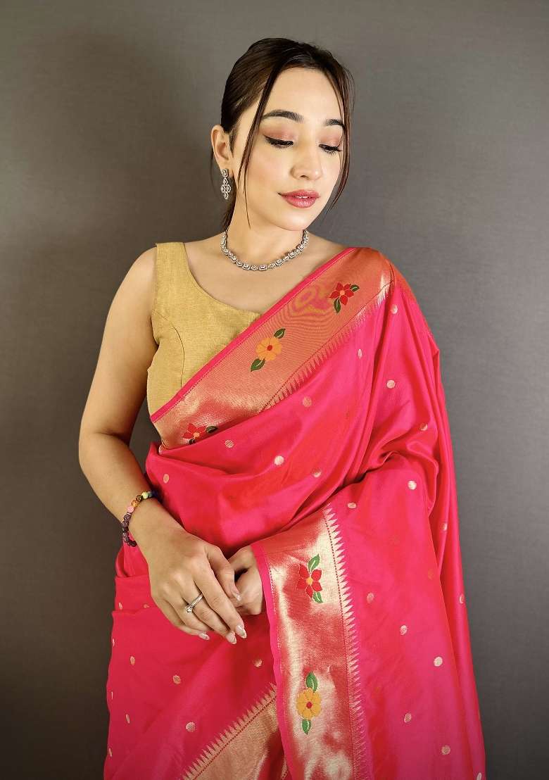 Rani Pink Floral Print Silk Blend Saree Set - Indya