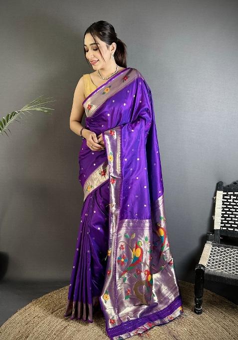 Purple Floral Print Silk Saree Set — view on Indya