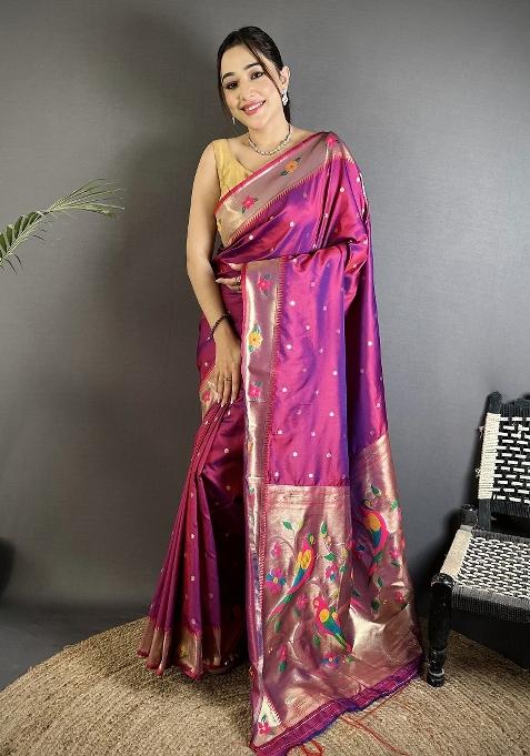 Magenta Floral Print Silk Blend Saree Set