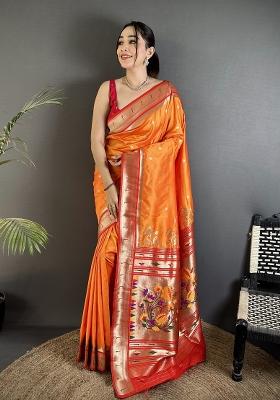 Orange&nbsp; Floral Print Silk Blend Saree Set